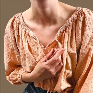 XL JOIE Eyelet Boho Fairy scoop neck w/ long ties style cottage blouse in Peach